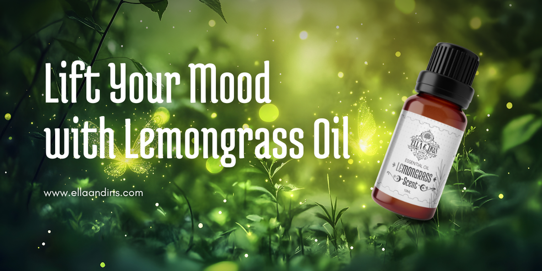 Ella & Iris Lemongrass Essential Oil bottle with text 'Lift Your Mood with Lemongrass Oil' on a green nature background
