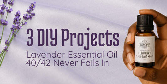 Hand holding Ella & Iris Home Lavender 40/42 essential oil bottle with lavender flowers and text 3 DIY Projects Lavender Essential Oil Never Fails In.