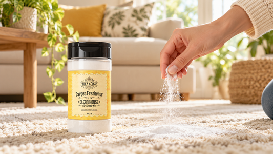 Clean House carpet freshener beside a rug as powder is sprinkled lightly