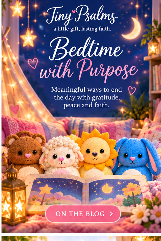 Bedtime with Purpose: Gratitude, Peace, and Faith — approved Tiny Psalms bear, lamb, lion and bunny artwork
