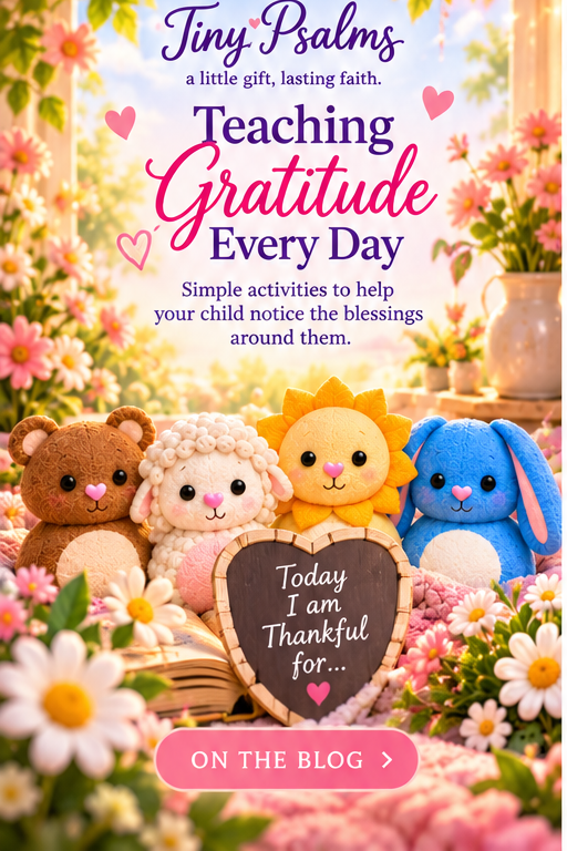 Teaching Gratitude Every Day — approved Tiny Psalms bear, lamb, lion and bunny artwork