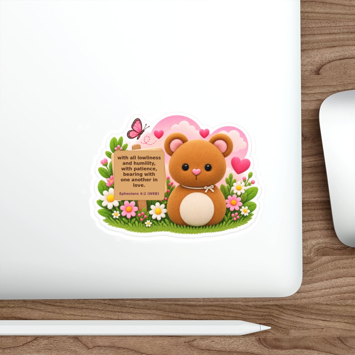 Cute Bear Floral Sticker with Bible Verse (Ephesians 4:2) — Die-Cut Christian Inspirational Sticker