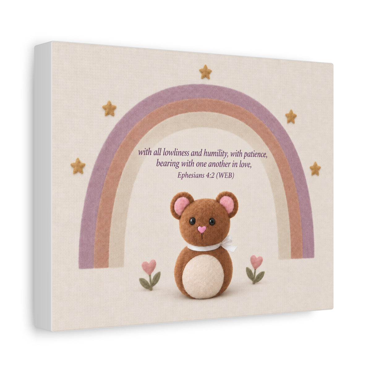 Christian Nursery Canvas Art — 'Be completely humble and gentle' Ephesians 4:2 Rainbow Bear