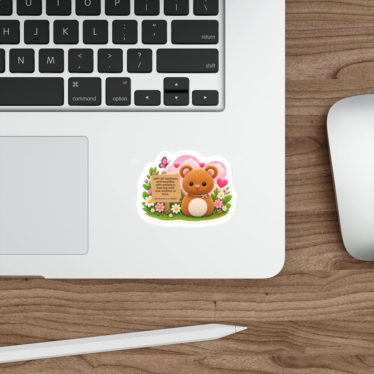 Cute Bear Floral Sticker with Bible Verse (Ephesians 4:2) — Die-Cut Christian Inspirational Sticker