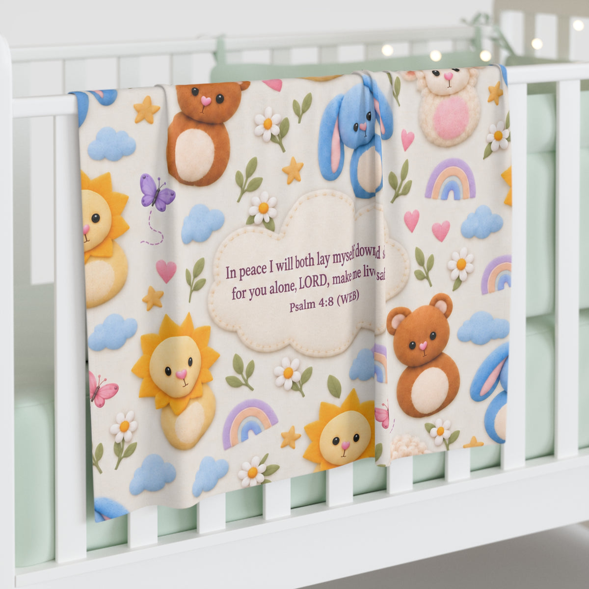 Christian Baby Swaddle Blanket – Psalm 4:8 Nursery Wrap with Cute Animals & Rainbows