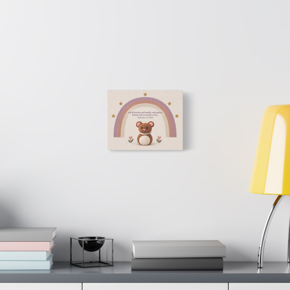 Christian Nursery Canvas Art — 'Be completely humble and gentle' Ephesians 4:2 Rainbow Bear