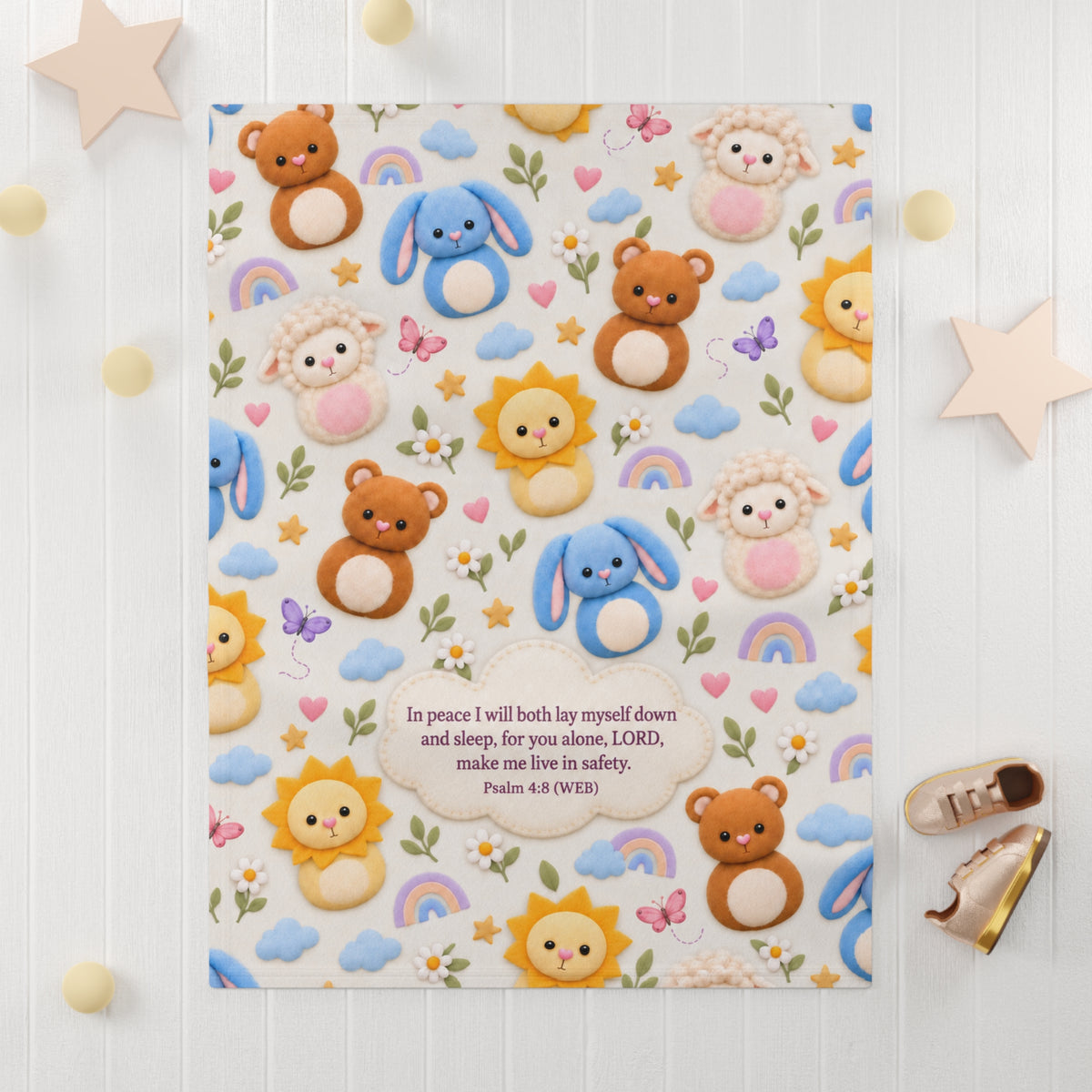 Baby Blanket — Cute Animal Plushies with Bible Verse (Psalm 4:8)