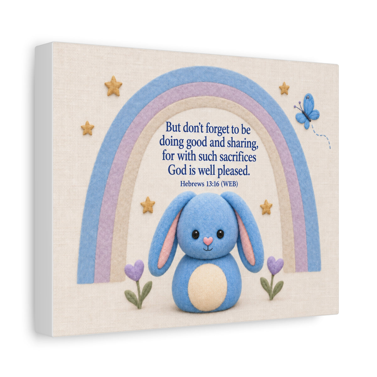 Bible Verse Nursery Canvas - "Do Good and Share" Blue Bunny Rainbow Wall Art