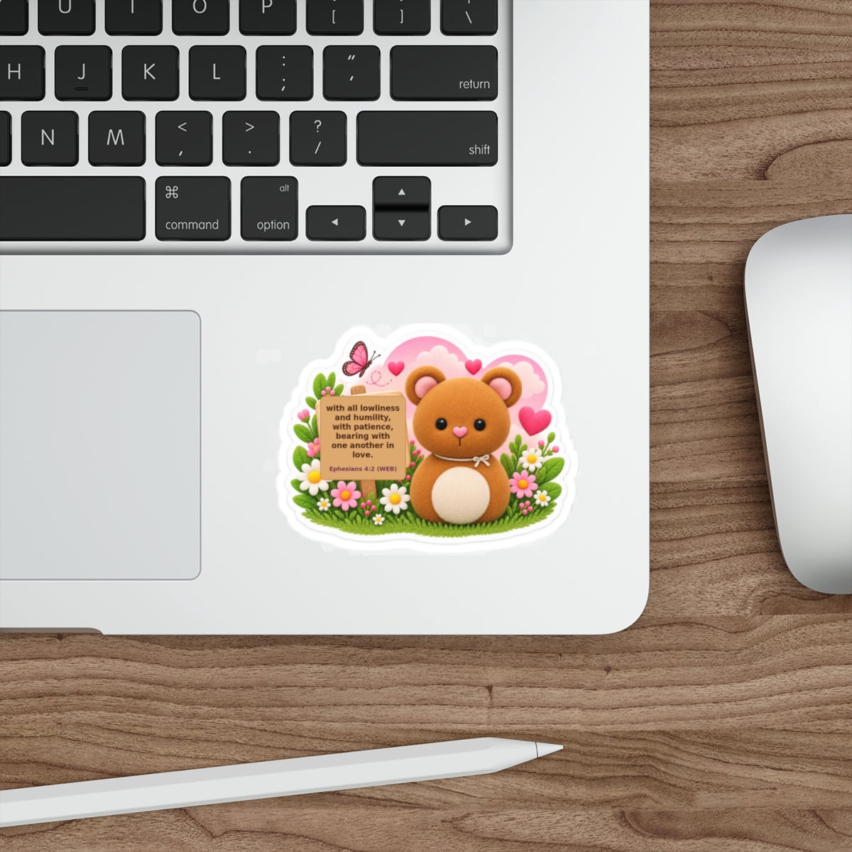 Cute Bear Floral Sticker with Bible Verse (Ephesians 4:2) — Die-Cut Christian Inspirational Sticker