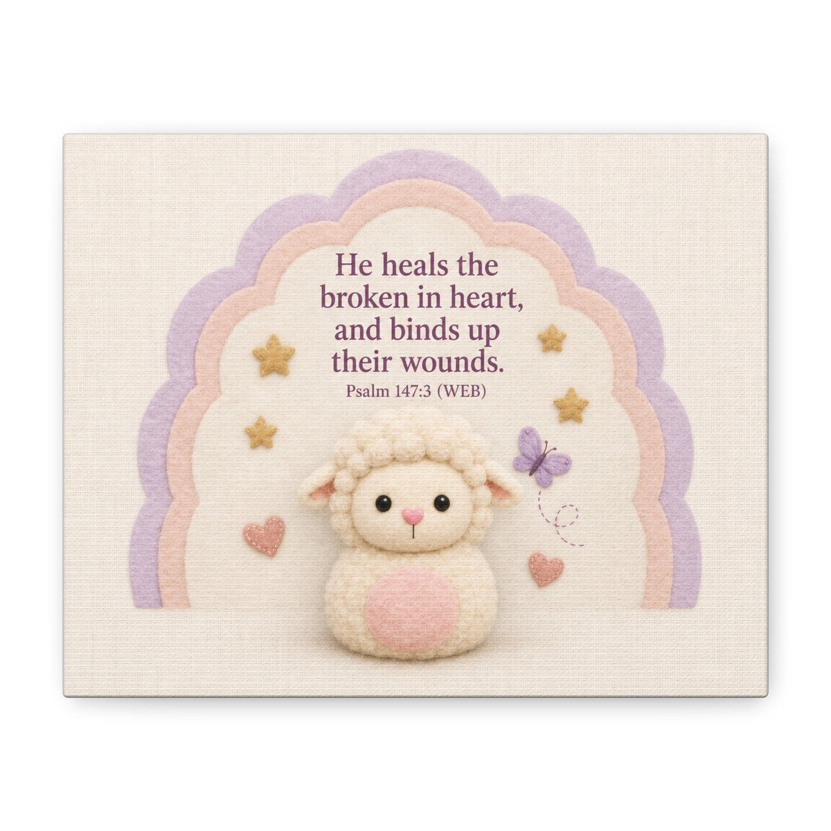Sheep Rainbow Canvas – Psalm 147:3 Christian Nursery Wall Art