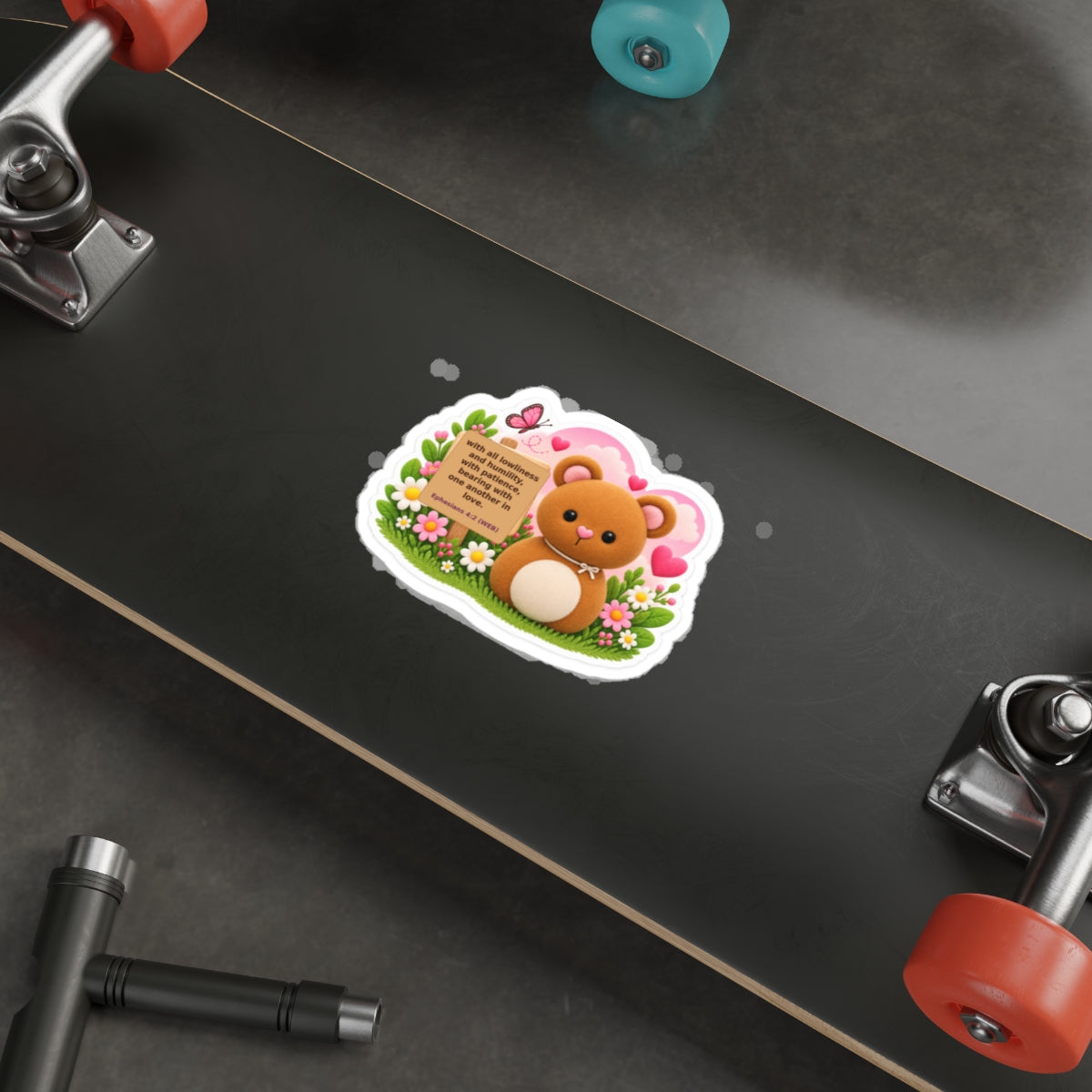 Cute Bear Floral Sticker with Bible Verse (Ephesians 4:2) — Die-Cut Christian Inspirational Sticker