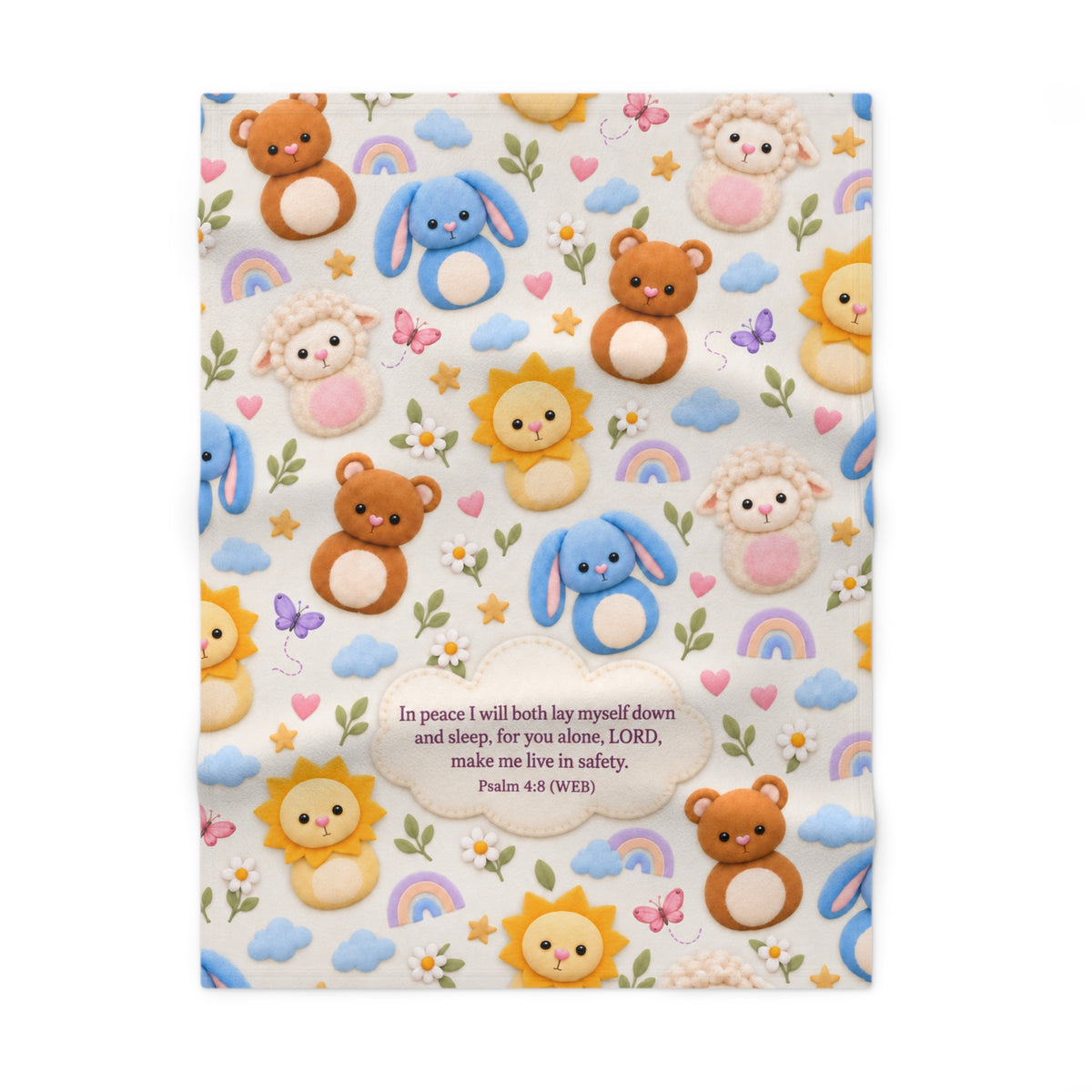 Baby Blanket — Cute Animal Plushies with Bible Verse (Psalm 4:8)