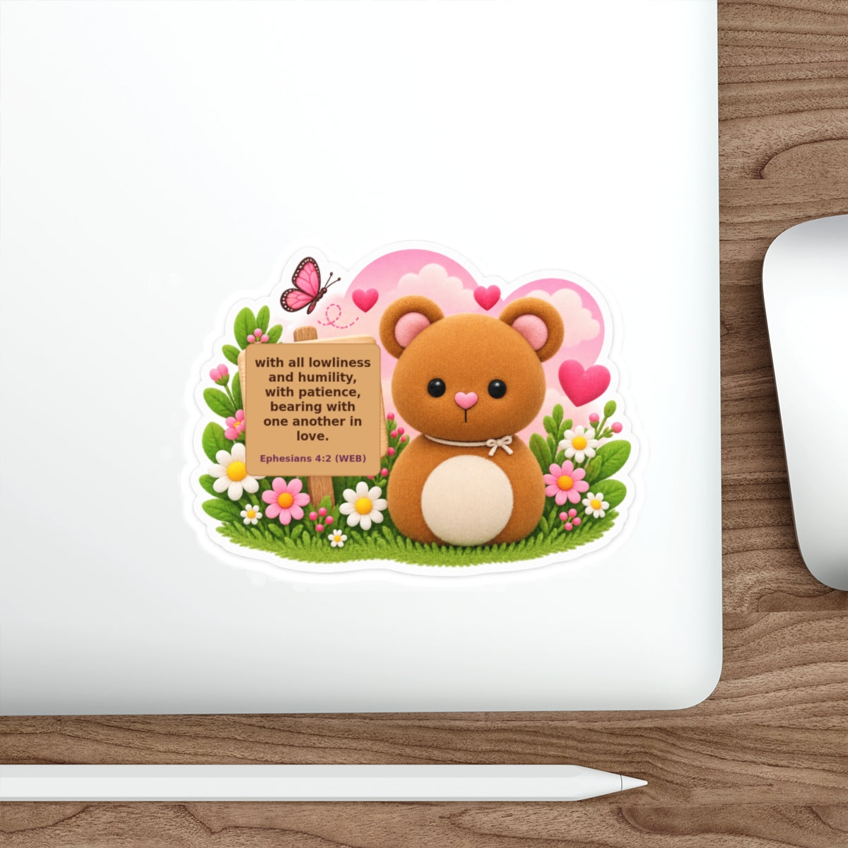 Cute Bear Floral Sticker with Bible Verse (Ephesians 4:2) — Die-Cut Christian Inspirational Sticker