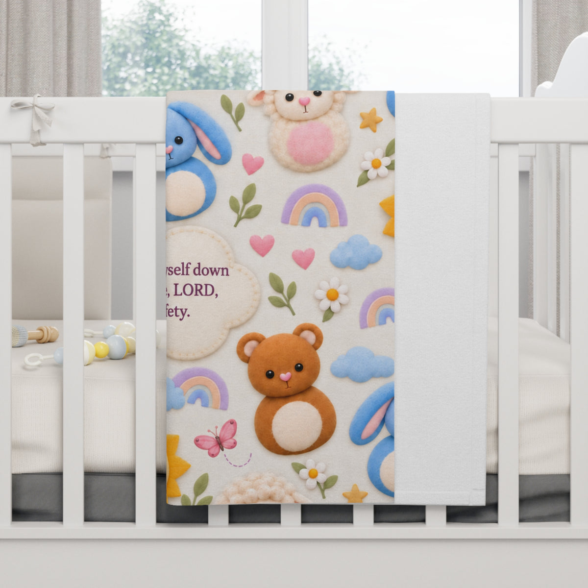 Baby Blanket — Cute Animal Plushies with Bible Verse (Psalm 4:8)