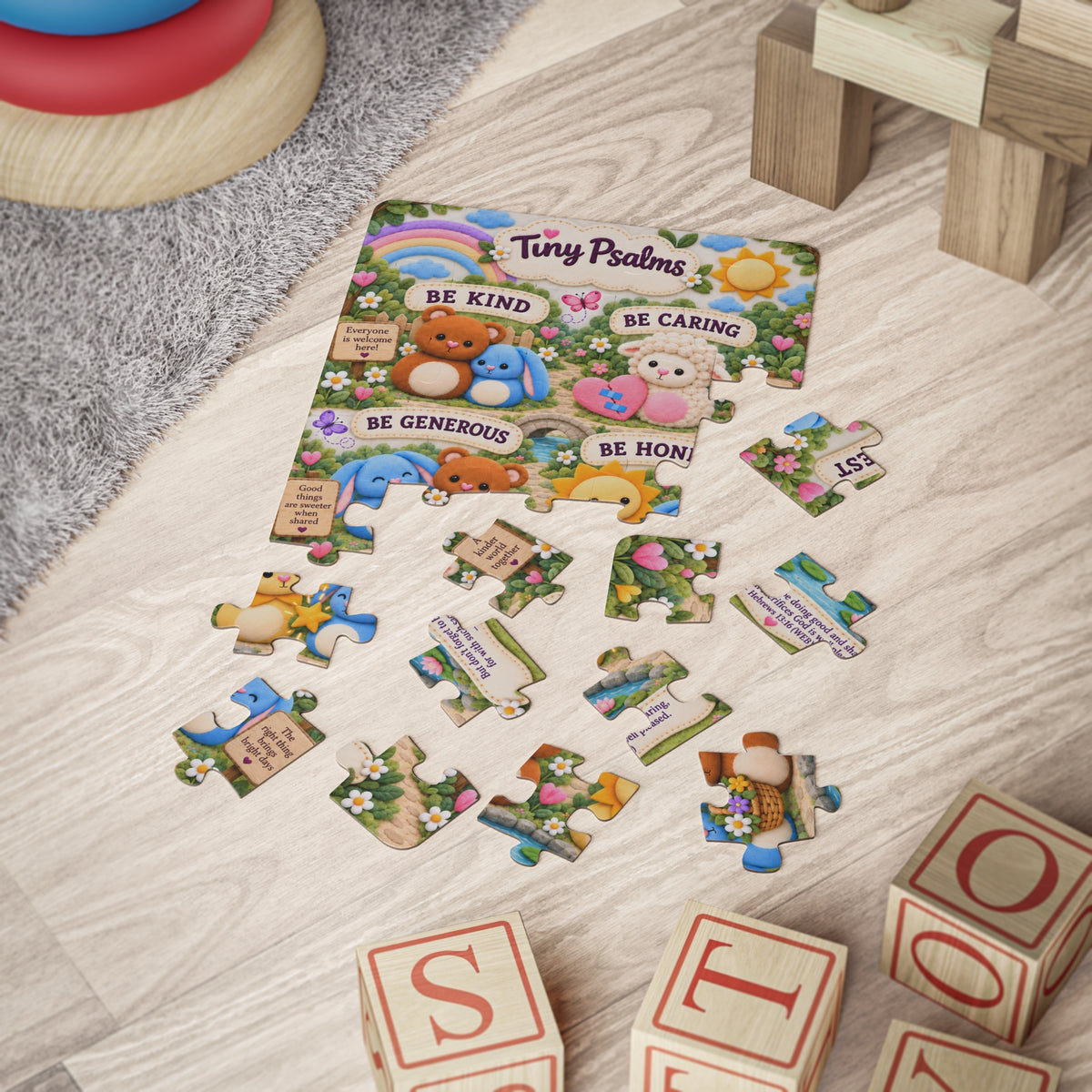 Tiny Psalms Kids Puzzle — 30-Piece Inspirational Woodland Animals Puzzle (Be Kind, Be Caring, Be Generous, Be Honest)