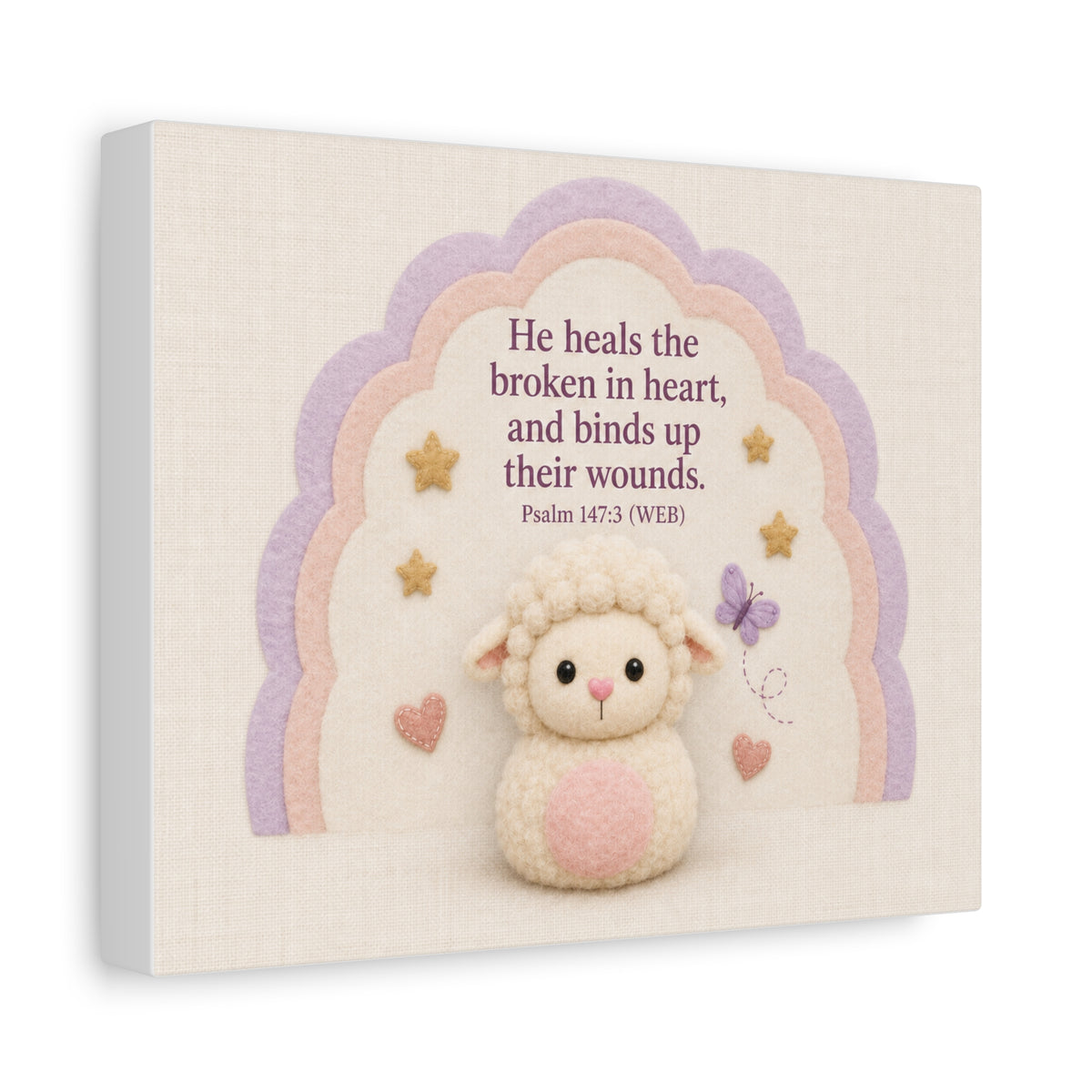 Sheep Rainbow Canvas – Psalm 147:3 Christian Nursery Wall Art