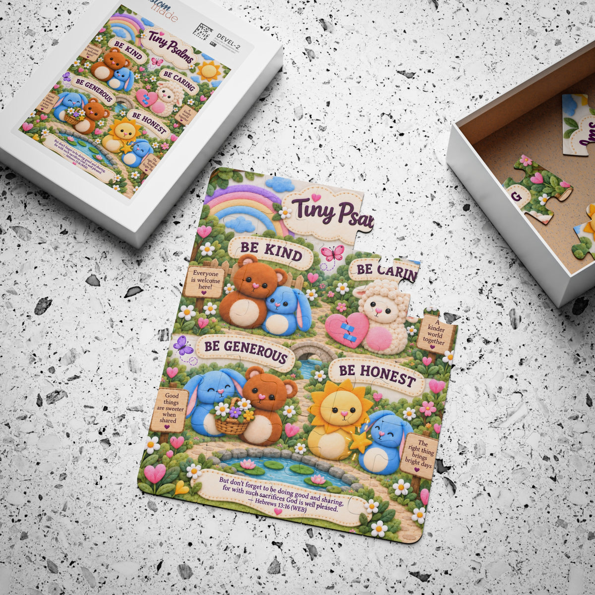 Tiny Psalms Kids Puzzle — 30-Piece Inspirational Woodland Animals Puzzle (Be Kind, Be Caring, Be Generous, Be Honest)