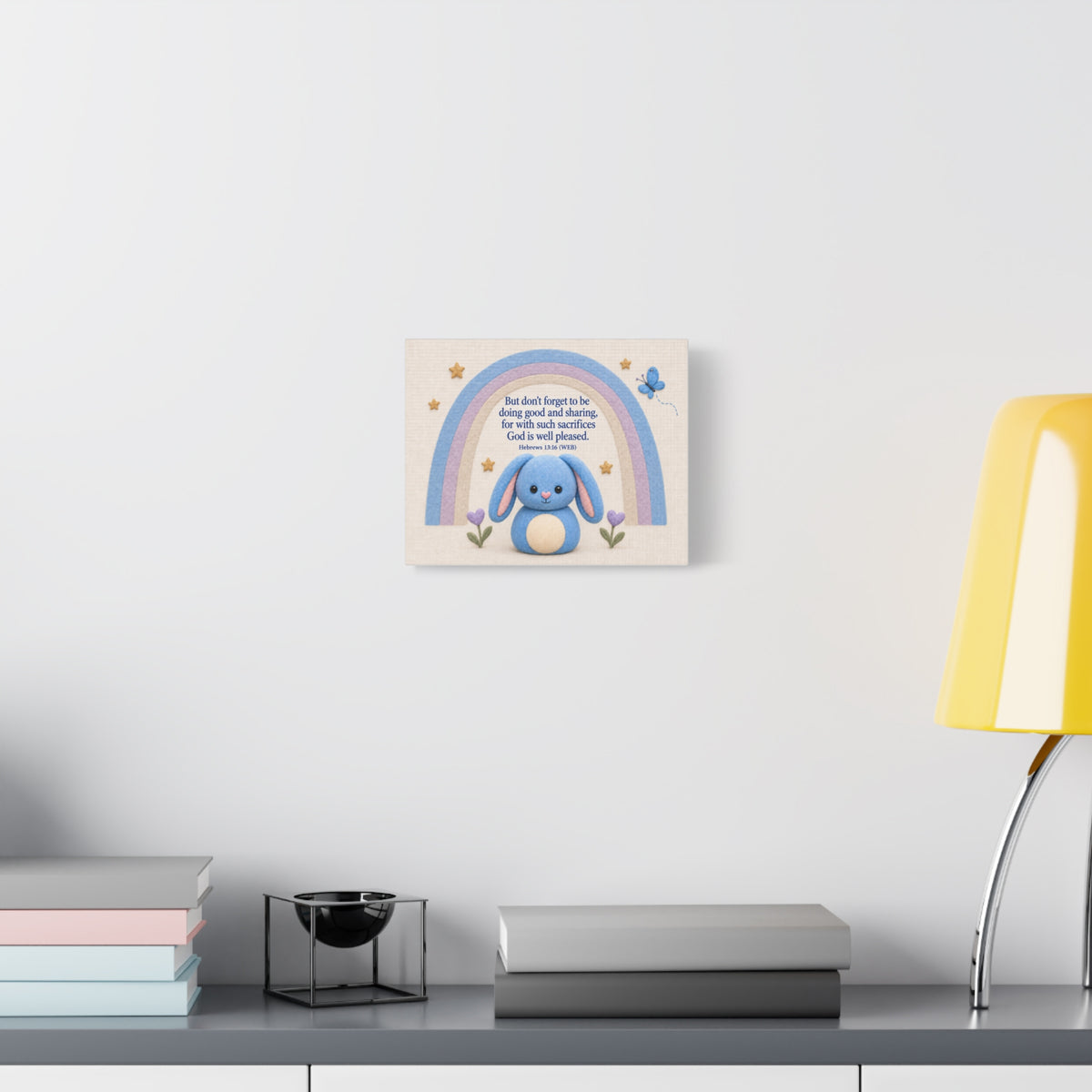 Bible Verse Nursery Canvas - "Do Good and Share" Blue Bunny Rainbow Wall Art