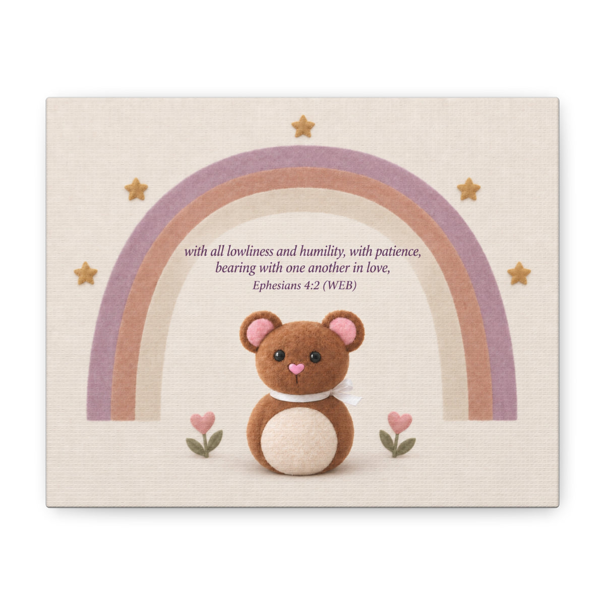 Christian Nursery Canvas Art — 'Be completely humble and gentle' Ephesians 4:2 Rainbow Bear
