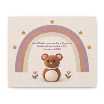 Christian Nursery Canvas Art — 'Be completely humble and gentle' Ephesians 4:2 Rainbow Bear