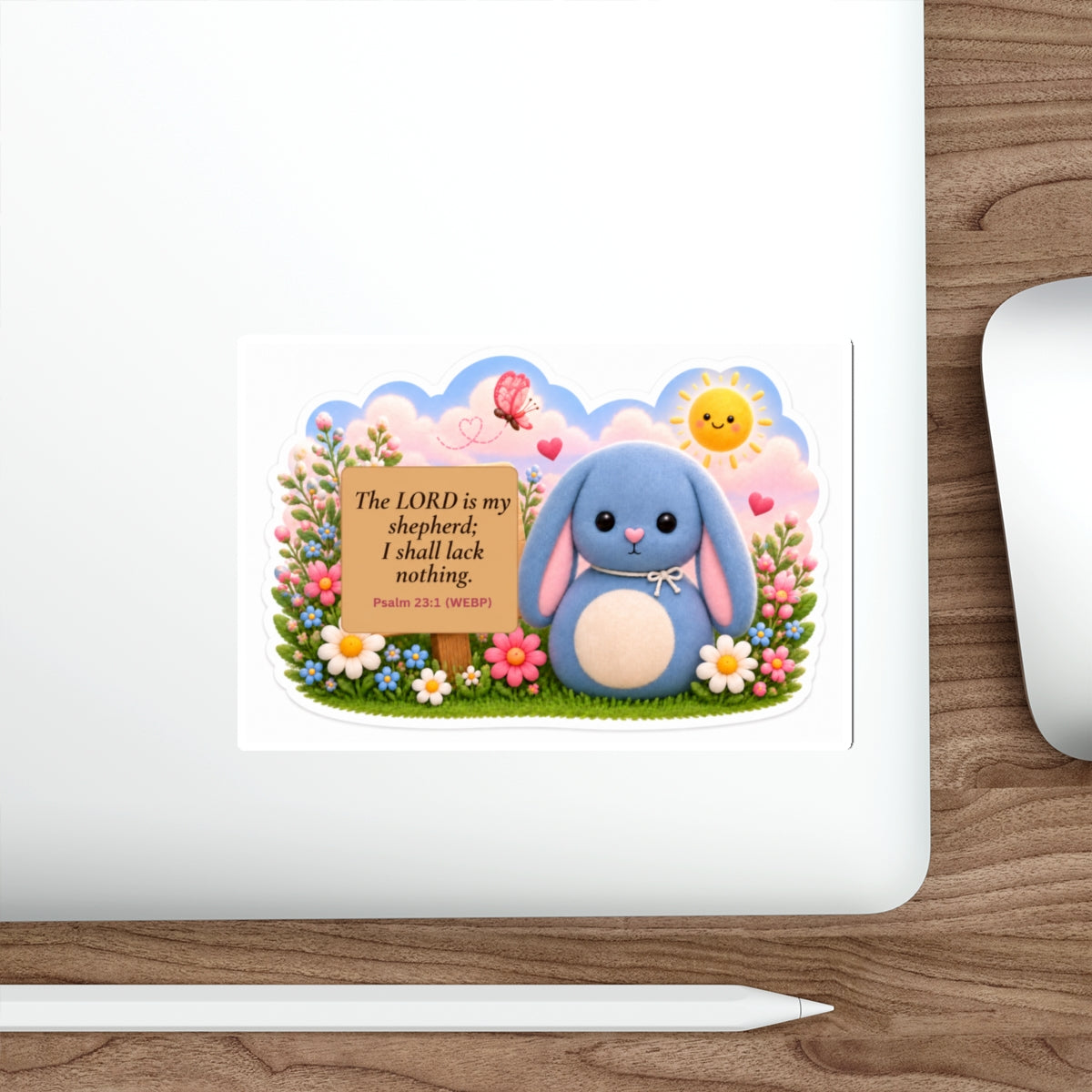 Cute Blue Bunny Die-Cut Sticker — Psalm 23:1 ‘The Lord is my shepherd’ Faith Sticker