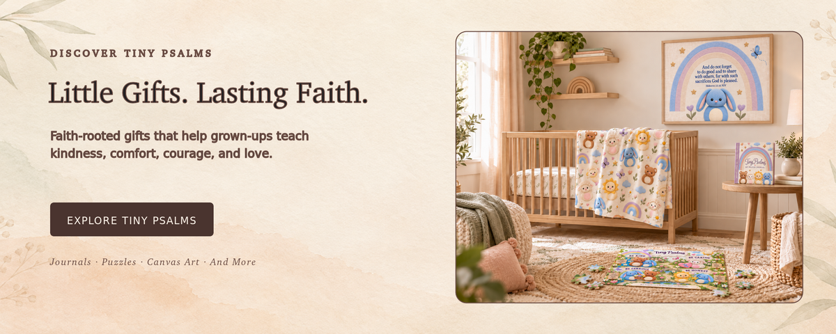 Tiny Psalms journals, puzzles, canvas art, and more in a decorated nursery